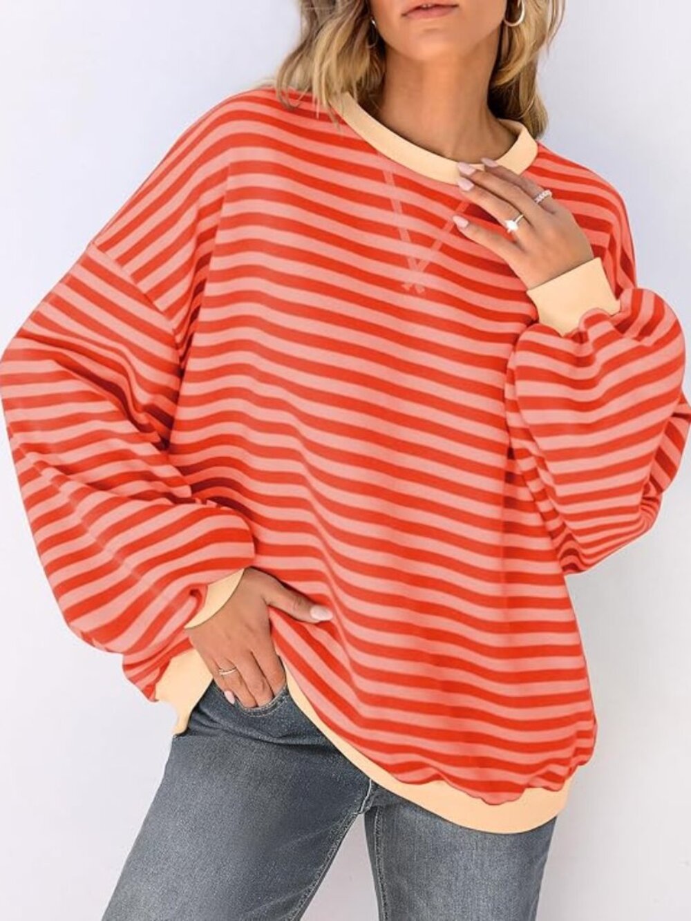 UEU Women 2XL Pink & Orange Striped Oversized Striped Crewneck Sweatshirt 50%off